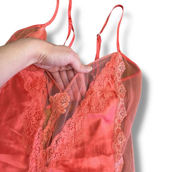 Frederick’s of Hollywood Coral Pink Lace‎ Satin Babydoll Slip Dress Lingerie M - Picture 4 of 10